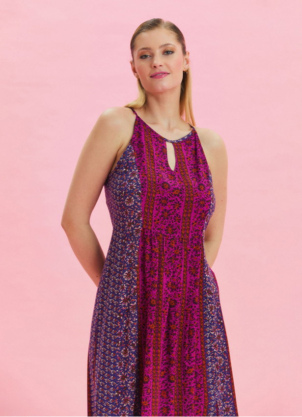 Halter Neck Slit Detailed Purple Long Dress 4610